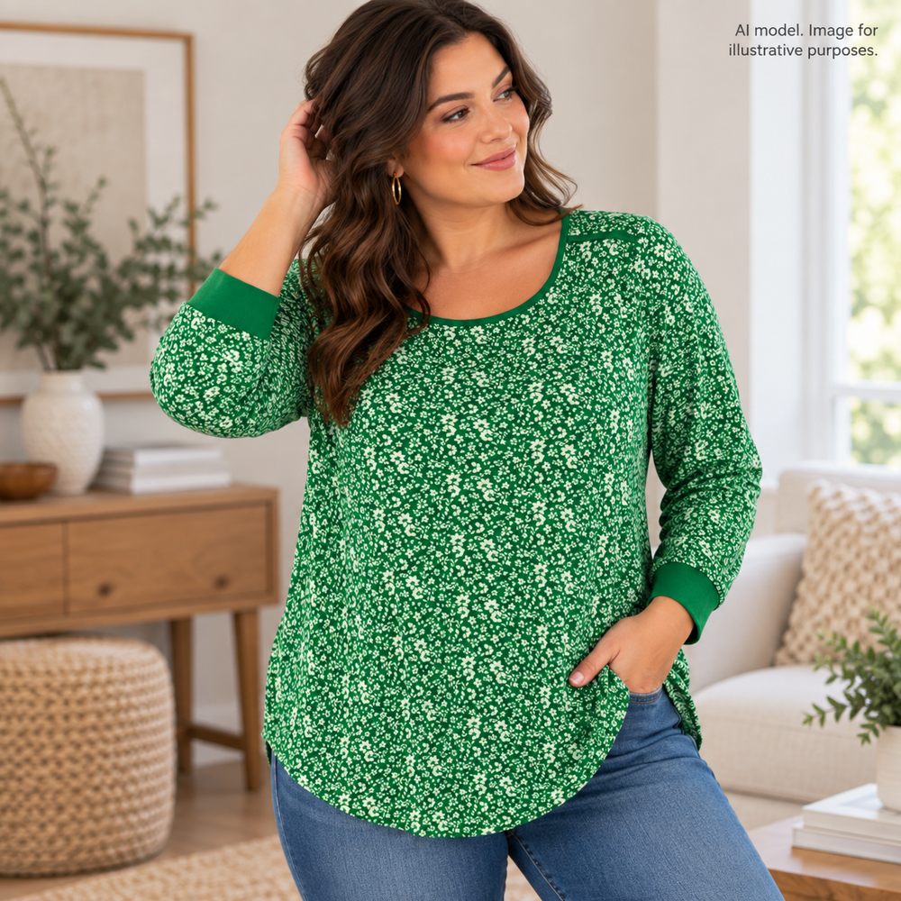 Susan Graver Shirt Womens Large Green Ditsy Floral Soft Stretch Prairie Country
